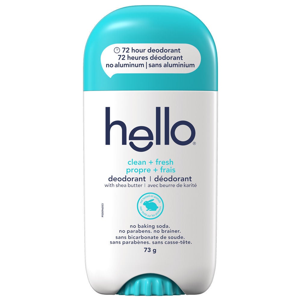 Déodorant sans aluminium hello propre + frais pour femme et homme dans son nouvel emballage avec fraîcheur efficace 72 heures.