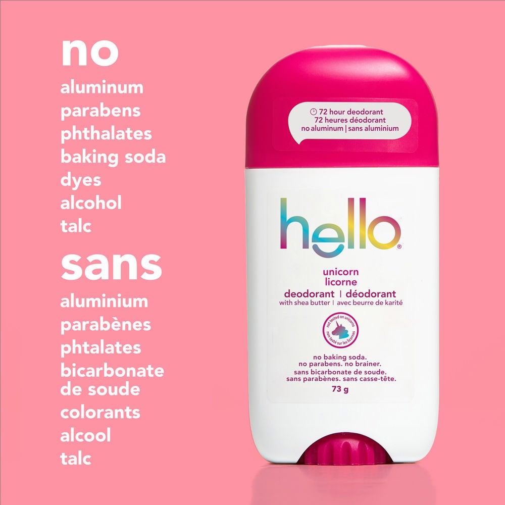 hello unicorn aluminum free deodorant for Women and Men made without aluminum, parabens, phthalates, dyes, or baking soda.