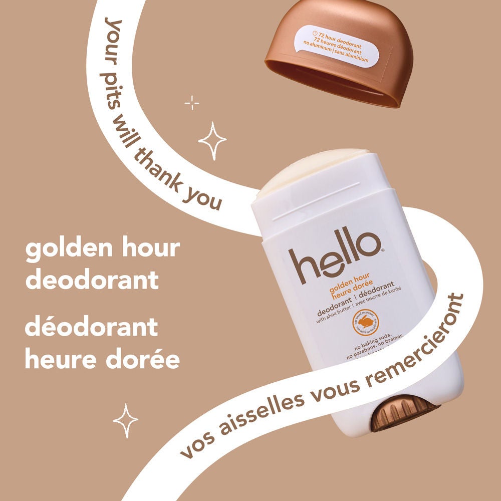 hello golden hour aluminum free deodorant for Women and Men with cap off and glow-ready freshness.