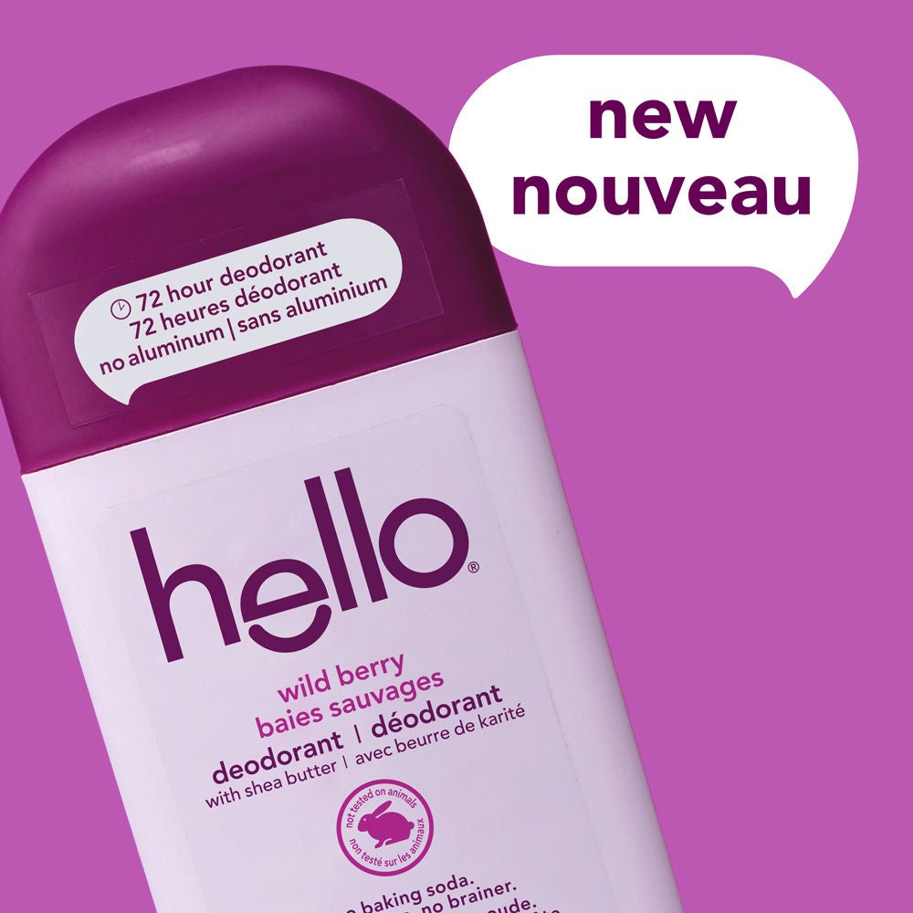 hello Wild Berry Aluminum Free Deodorant for Women and Men with new packaging and long-lasting 72-hour odor protection.