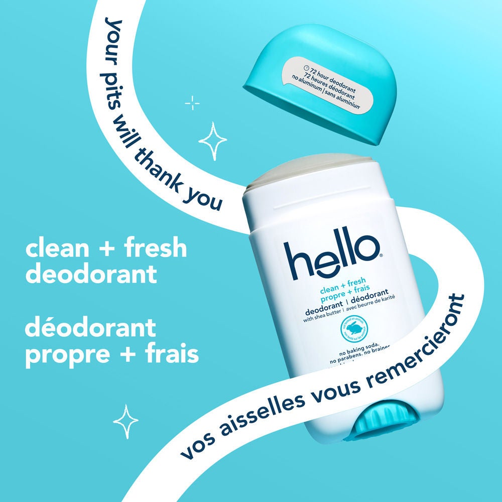 Déodorant sans aluminium hello propre + frais pour femme et homme sans capuchon aux notes fraîches et nettes.