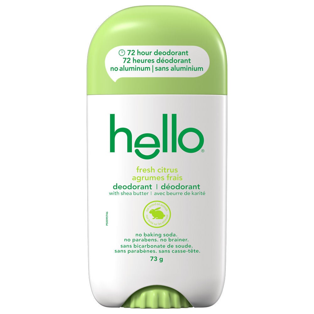 Déodorant sans aluminium hello agrumes frais pour femme et homme dans son nouvel emballage avec fraîcheur efficace 72 heures.