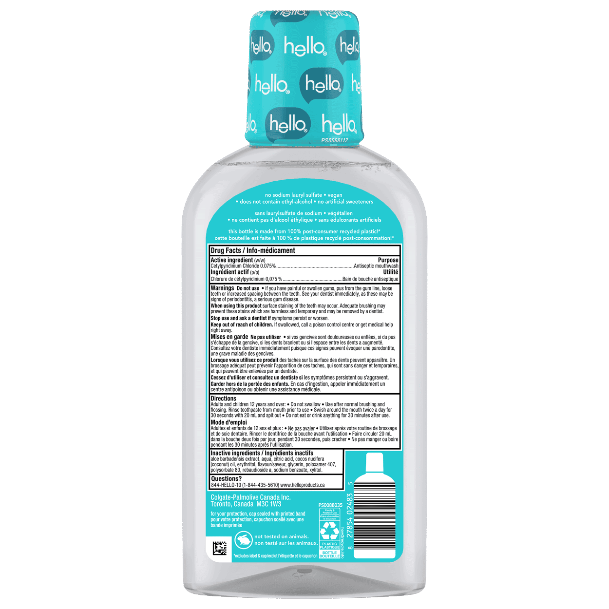 Back view of the hello Clean Mint Alcohol Free Mouthwash bottle displaying ingredients, directions, and product information.