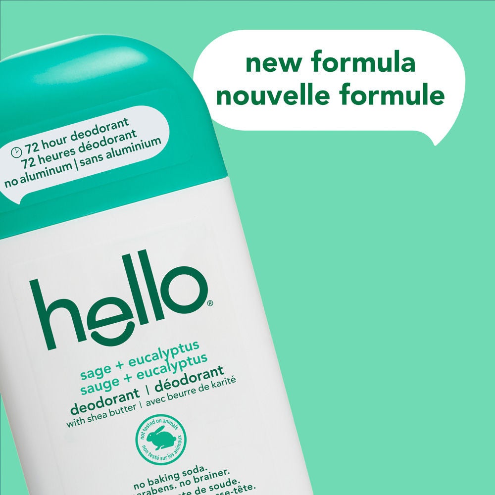 hello sage + eucalyptus aluminum free deodorant for Women and Men featuring new packaging and long-lasting odor protection.