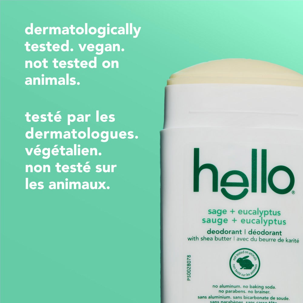 An open hello Sage + Eucalyptus deodorant stick is shown on the right. On the left side, the image displays text reading "dermatologically tested. vegan. not tested on animals."