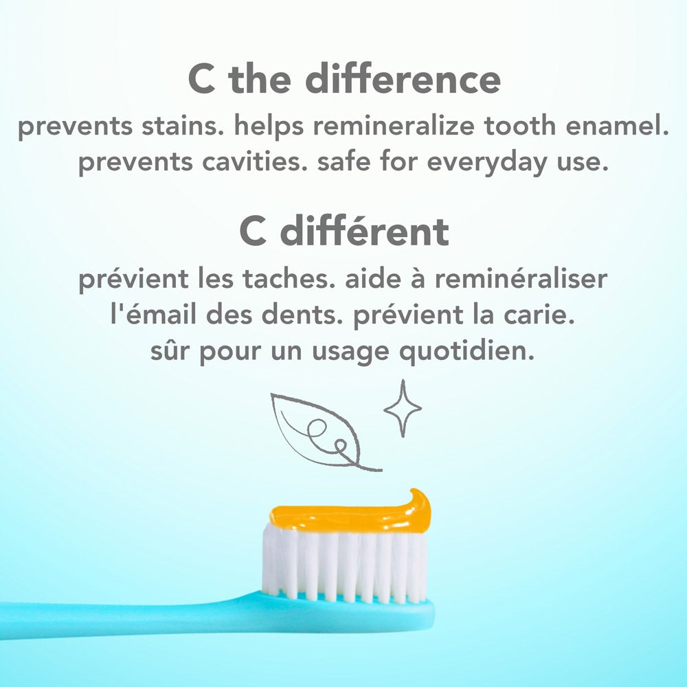 A blue toothbrush with a swirl of the orange hello super mega whitening toothpaste on its bristles, set against a light blue background. The text above the toothbrush reads "C the difference" and lists benefits such as preventing stains, helping remineralize tooth enamel, preventing cavities, and being safe for everyday use, in both English and French.