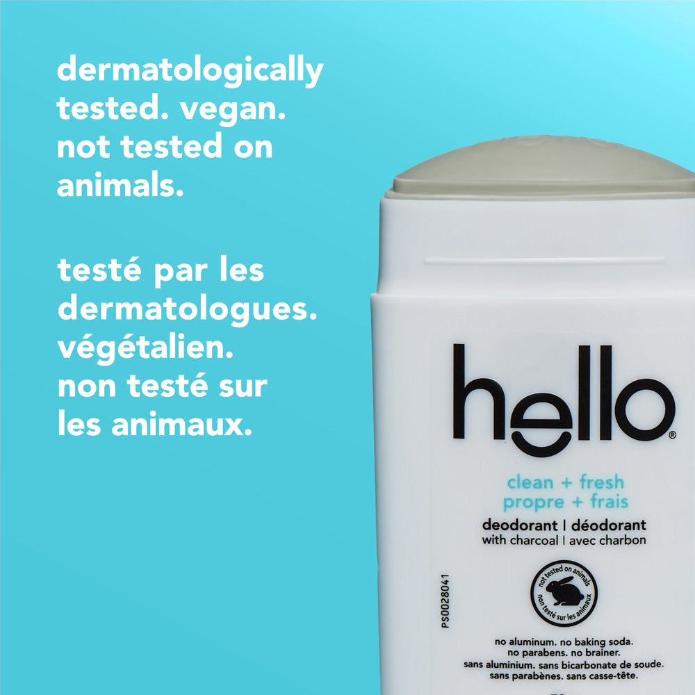 hello clean + fresh deodorant stick with a blue cap. Text on the left reads: dermatologically tested, vegan, not tested on animals.