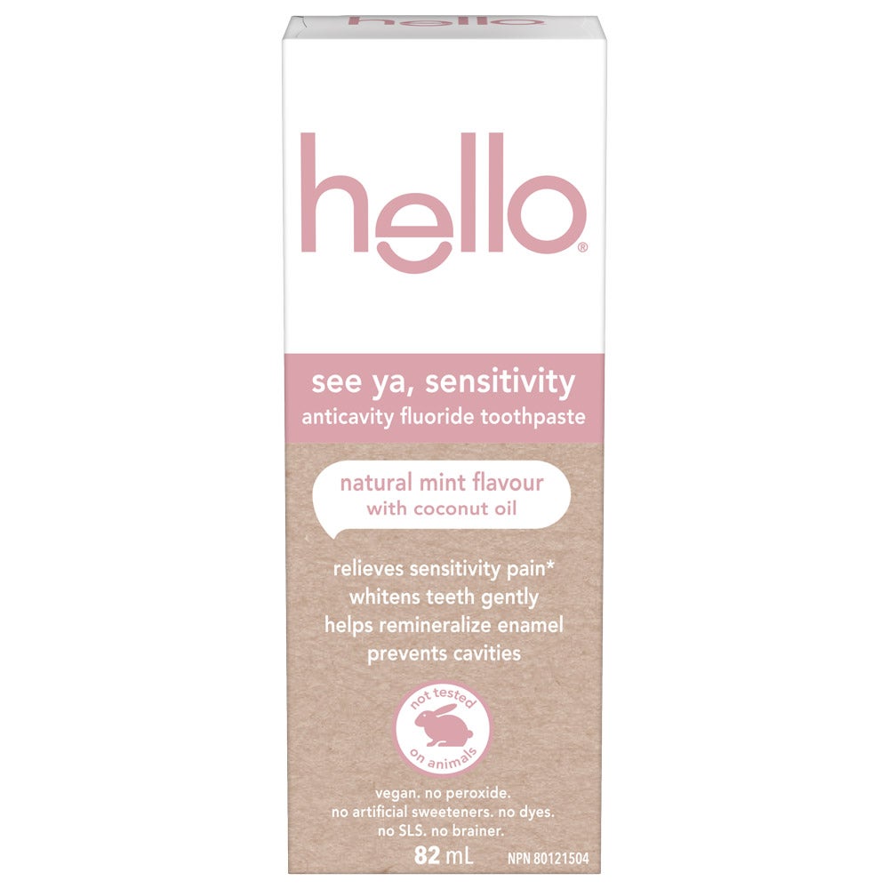 carton of Hello See Ya Sensitivity toothpaste in mint flavor with coconut oil, 82 mL box.