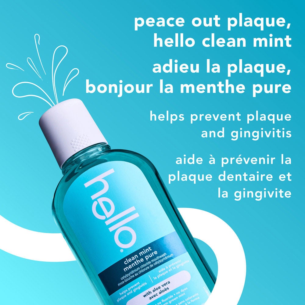 Flacon de rince-bouche hello Clean à la menthe, sans alcool, sur fond bleu avec le texte « Adieu la plaque, bonjour la menthe pure