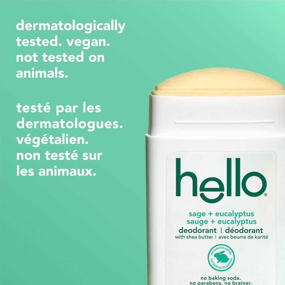 hello sage + eucalyptus aluminum free deodorant for Women and Men with smooth stick exposed, dermatologically tested and vegan.