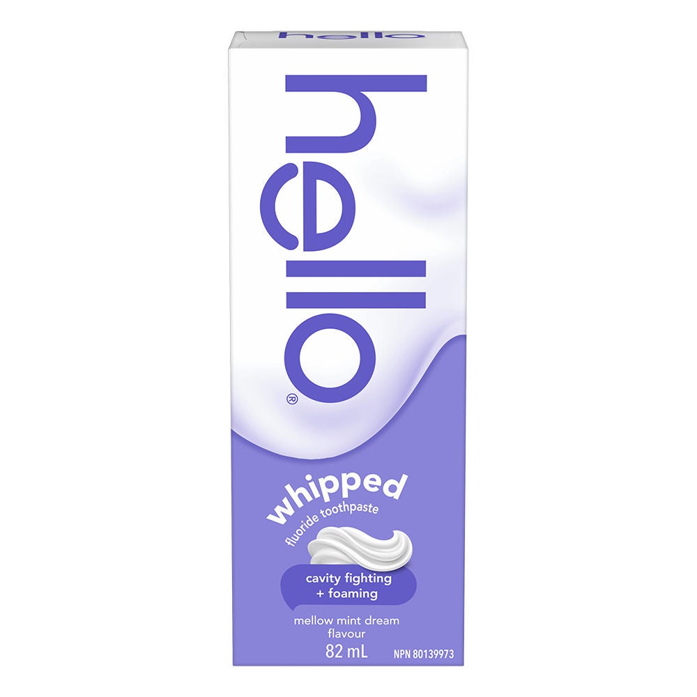 Boîte de dentifrice au fluorure Hello Fouetté, arôme de rêve à la menthe douce, 82 mL. Emballage vertical mauve et blanc indiquant la lutte contre la carie et l'effet moussant.