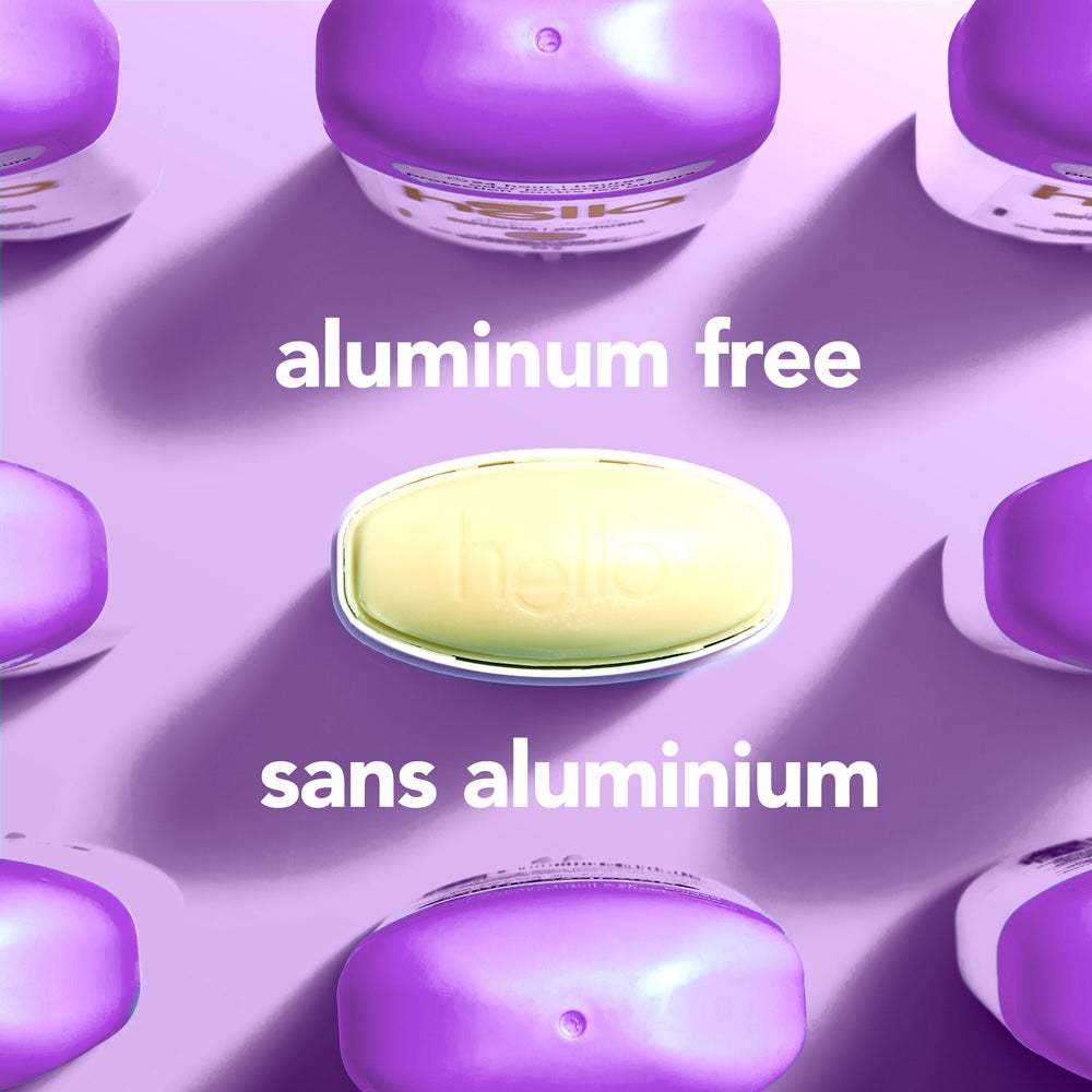 A top-down view of several light purple deodorant containers arranged around a central oval container embossed with the word "hello." The image includes the text "aluminum free."uot;aluminum free."