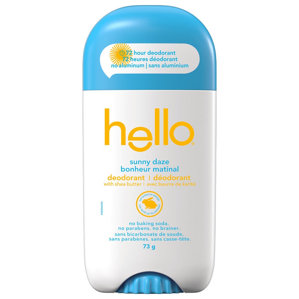 Déodorant sans aluminium hello bonheur matinal pour femme et homme dans son nouvel emballage avec fraîcheur efficace 72 heures.