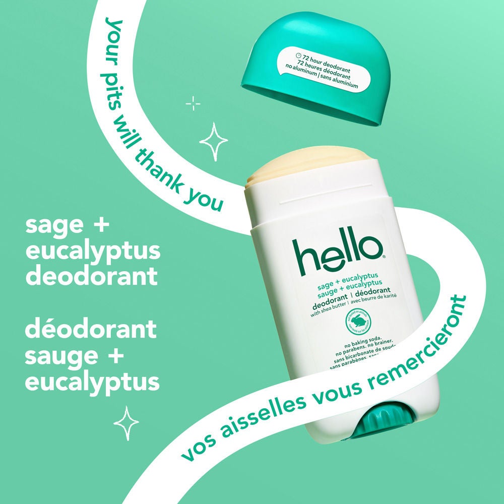 hello sage + eucalyptus aluminum free deodorant for Women and Men with cap off and fresh botanical energy.