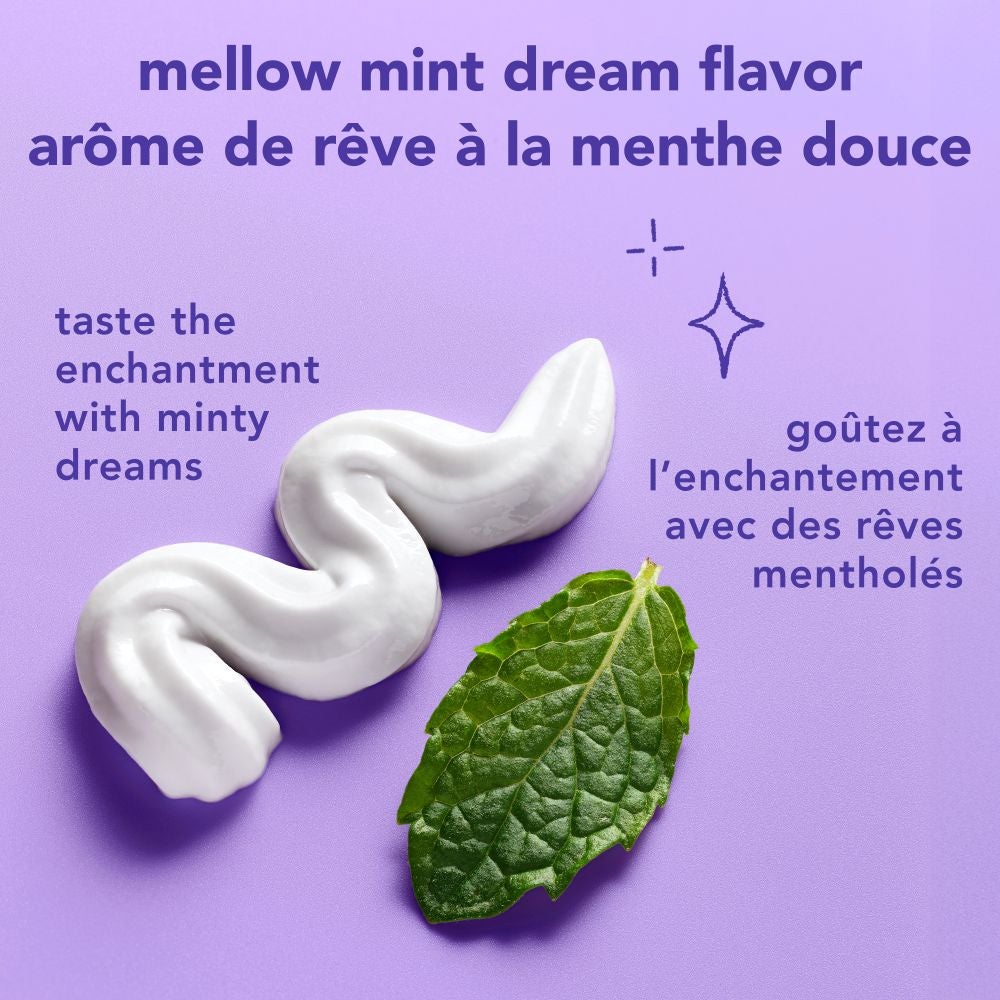 Un tourbillon de dentifrice blanc et une feuille de menthe sur un fond violet. Le texte se lit : Arôme de rêve à la menthe douce, goûtez à l'enchantement avec des rêves mentholés.