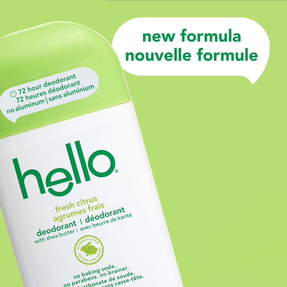 Déodorant sans aluminium hello agrumes frais pour femme et homme avec nouvel emballage et protection contre les odeurs longue durée.