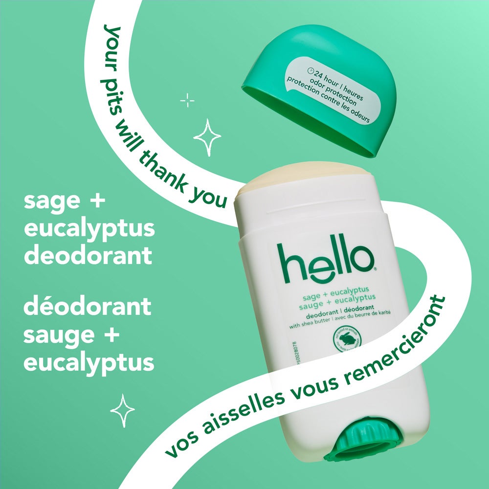 A stick of hello sage and eucalyptus deodorant with its green cap off, set on a green background. The text reads "your pits will thank you" and "sage + eucalyptus deodorant." Decorative sparkles appear next to the text.