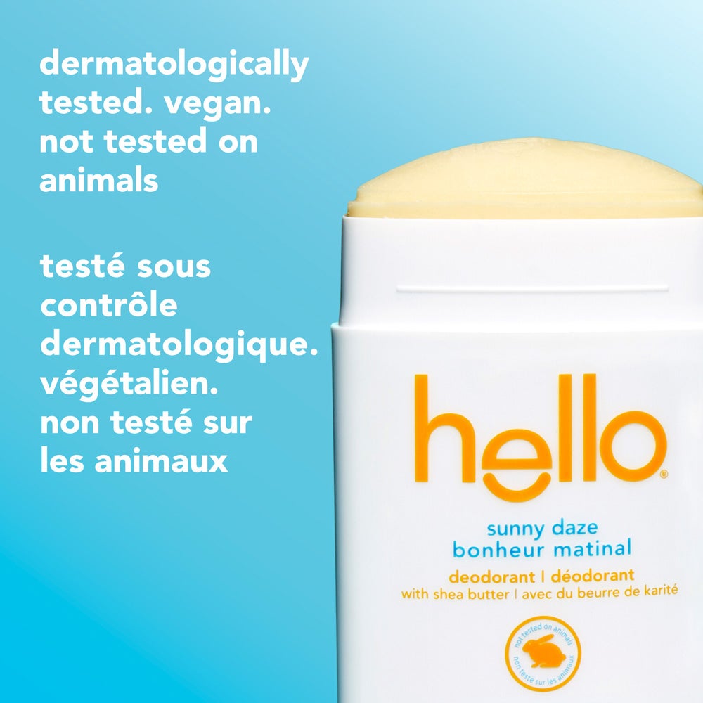 Hello Sunny Daze deodorant packaging, showing 'dermatologically tested' and 'vegan' claims, in a vibrant white, blue and yellow packaging