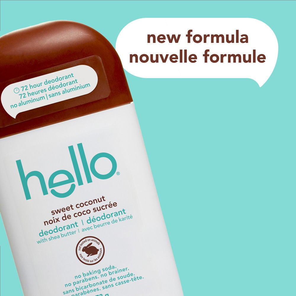 Déodorant sans aluminium hello noix de coco sucrée pour femme et homme avec nouvel emballage et protection contre les odeurs longue durée.