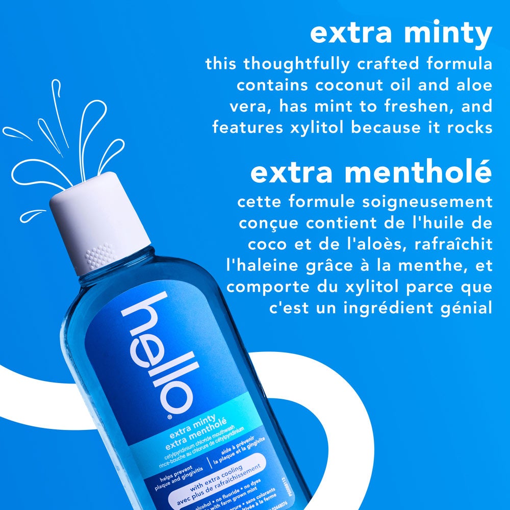 Rince-bouche hello Extra à la menthe, sans alcool, rince-bouche sans fluorure, sur fond bleu avec illustration et texte « Extra menthe / Extra menthol