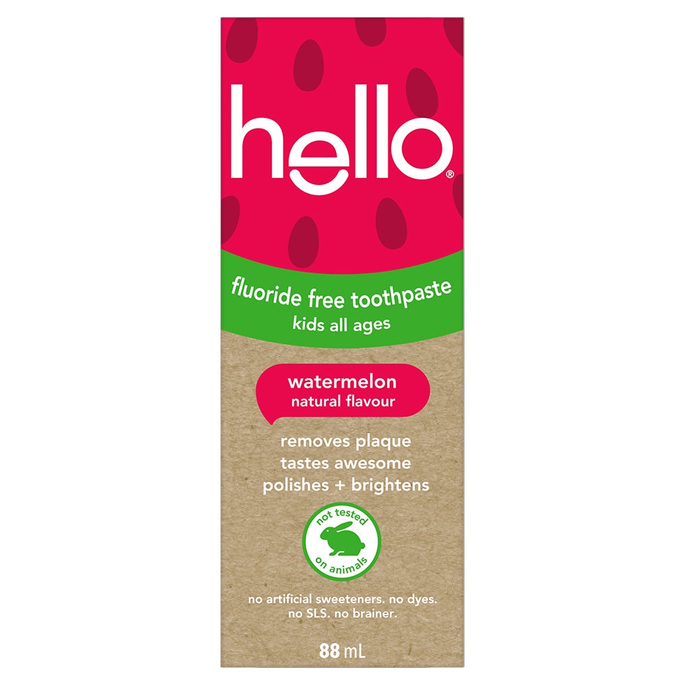 A carton of Hello Watermelon fluoride-free toothpaste for kids of all ages. The carton is labeled with &quot;natural flavor,&quot; &quot;removes plaque,&quot; &quot;great taste,&quot; &quot;polishes + brightens,&quot; and &quot;not tested on animals&quot; in both English and French. It also states &quot;no artificial sweeteners, no dyes, no SLS, no brainer,&quot; and indicates the size is 88 mL.