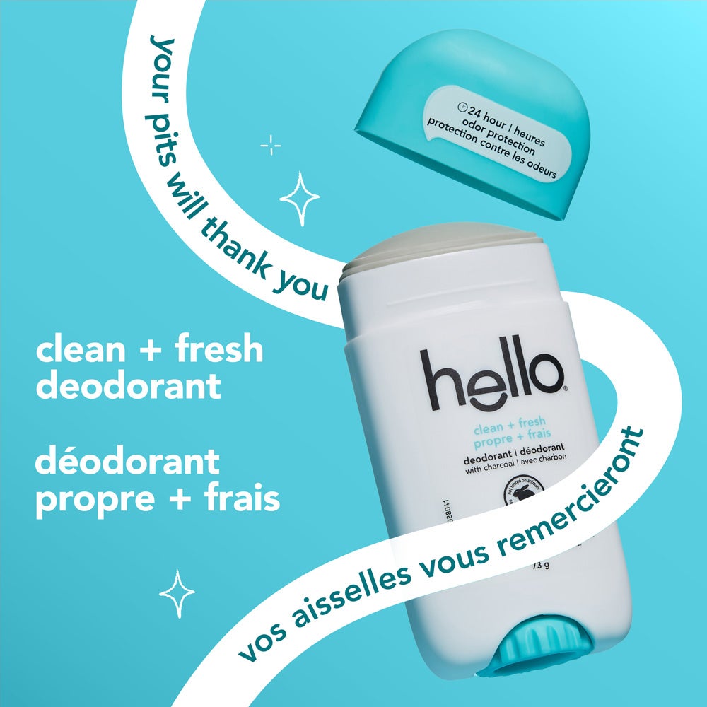 hello clean + fresh deodorant stick with the blue cap removed and hovering above. The label reads ‘deodorant with charcoal.’ Sparkle graphics and a curved text banner say: your pits will thank you. A callout on the cap highlights 24 hour odor protection.