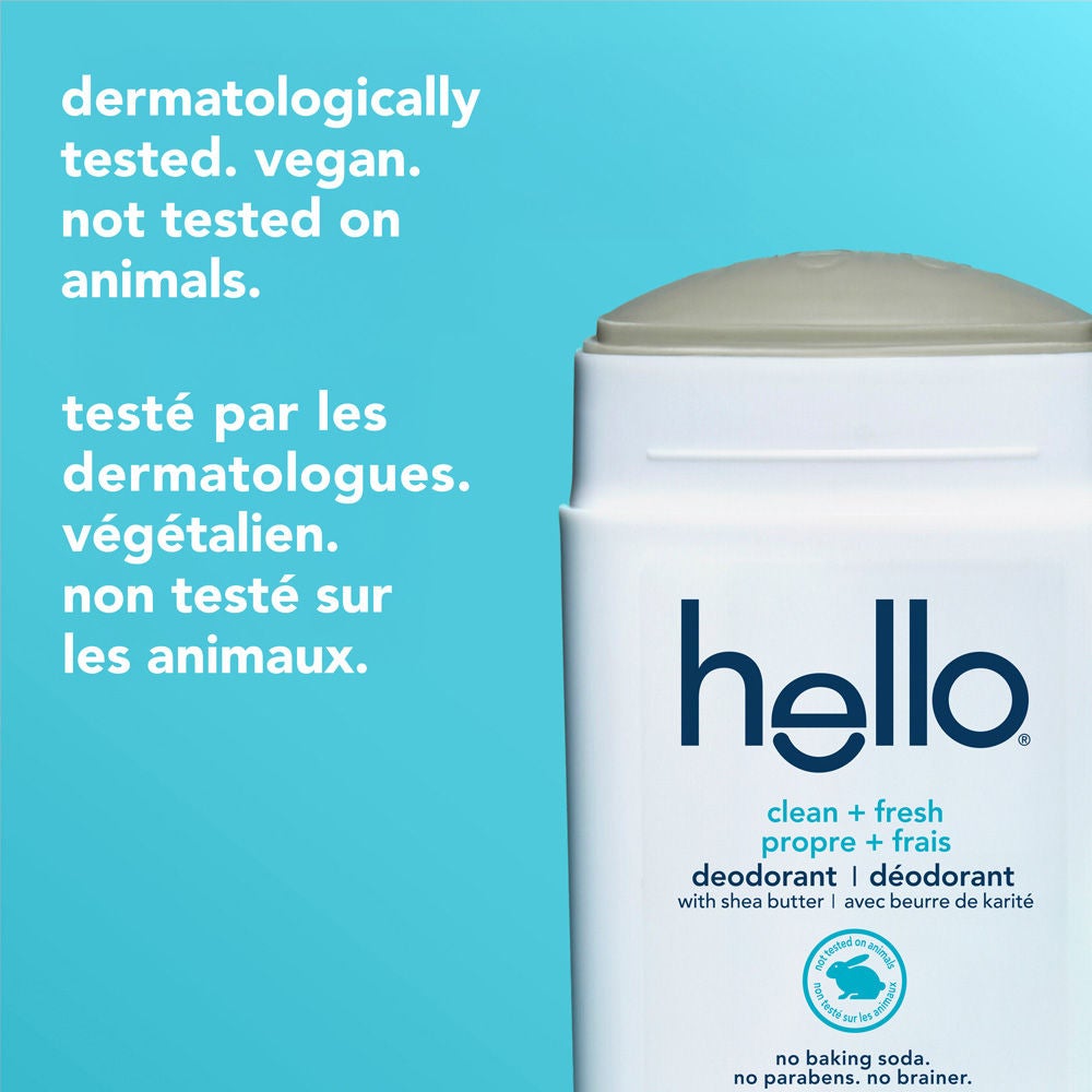 Déodorant sans aluminium hello propre + frais pour femme et homme avec bâton crémeux exposé, testé par les dermatologues et végétalien.
