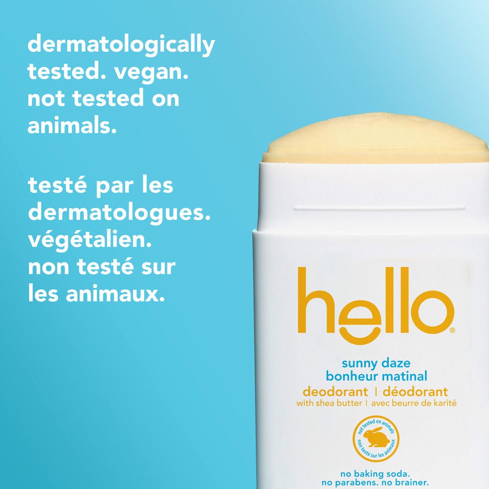 Déodorant sans aluminium hello bonheur matinal pour femme et homme avec bâton crémeux exposé, testé par les dermatologues et végétalien.