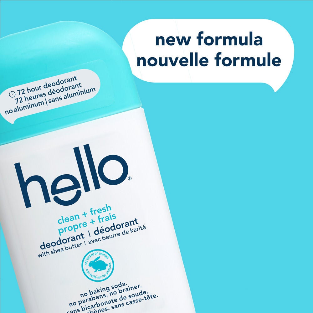 Déodorant sans aluminium hello propre + frais pour femme et homme avec nouvel emballage et protection contre les odeurs longue durée.