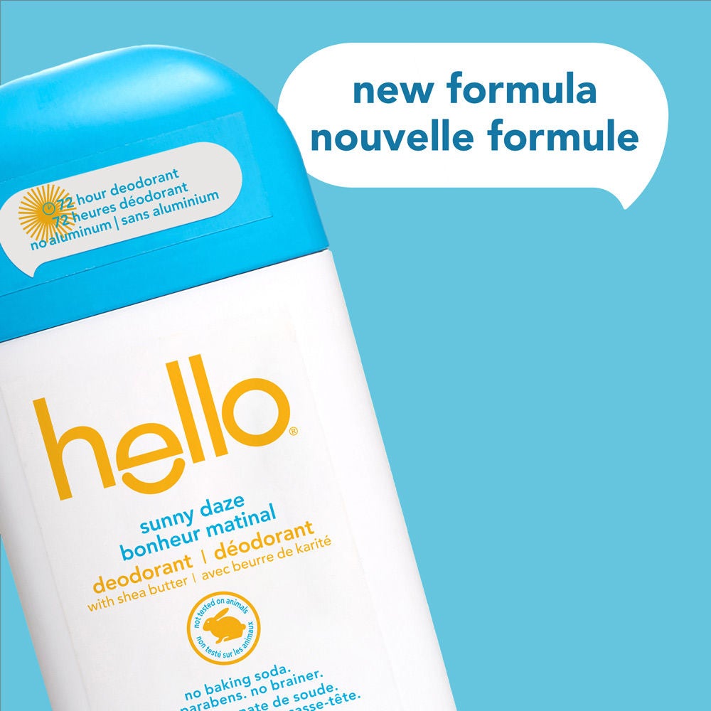 Déodorant sans aluminium hello bonheur matinal pour femme et homme avec nouvel emballage et protection contre les odeurs longue durée.