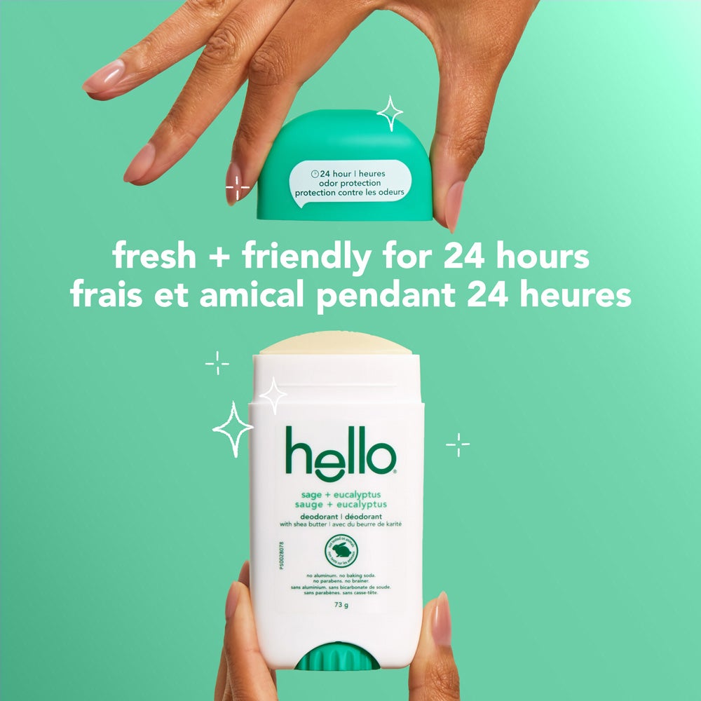A white bottle of Hello Sage + Eucalyptus deodorant. The bottle has blue and green lettering and states "24 hour odor protection," "sage + eucalyptus," "fresh + friendly for 24 hours," "with shea butter," "no aluminum," "no baking soda," "no parabens," and "no brainer" in both English and French.