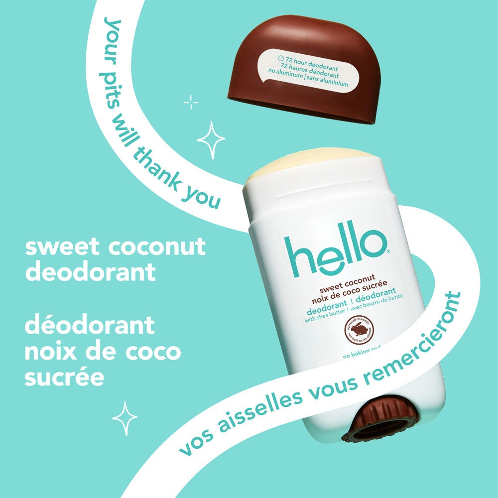 Déodorant sans aluminium hello noix de coco sucrée pour femme et homme sans capuchon avec des vibes tropicales.