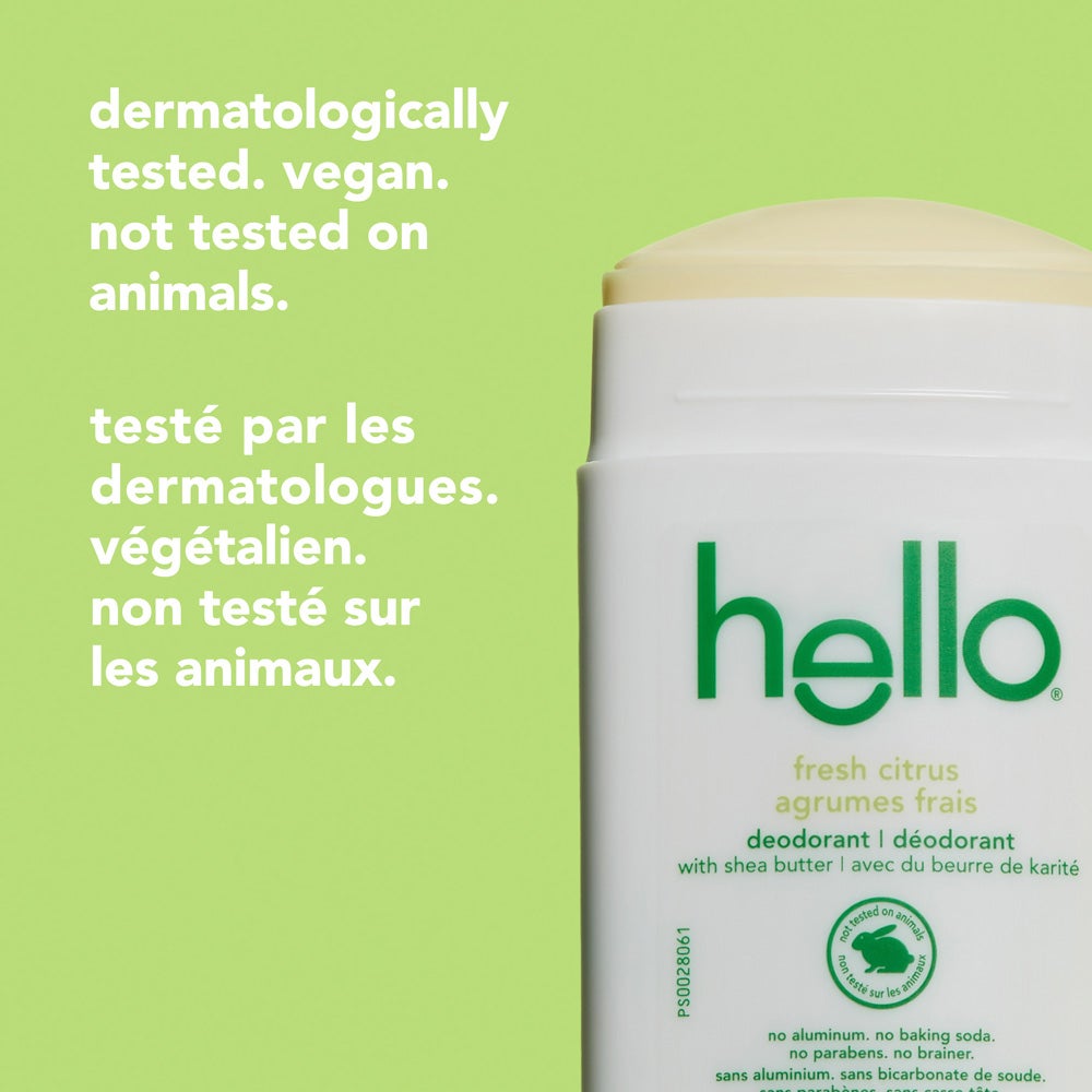 An open hello fresh citrus deodorant stick is shown on the right. On the left side, the image displays text reading "dermatologically tested. vegan. not tested on animals."