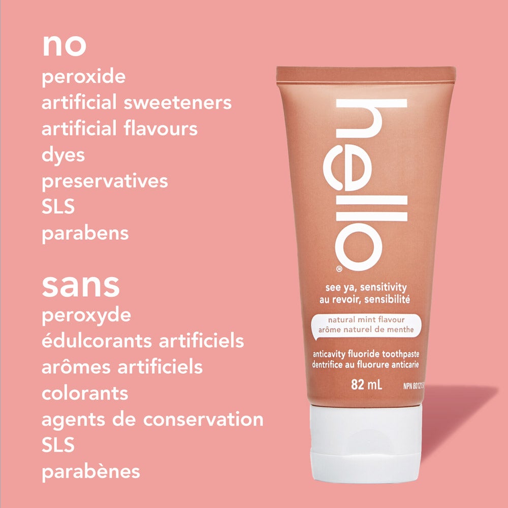 A tube of hello See Ya Sensitivity toothpaste, natural mint flavor, on a pink background. Text beside the tube lists ingredients not included in the product: no peroxide, artificial sweeteners, artificial flavours, dyes, preservatives, SLS, or parabens, in English and French.
