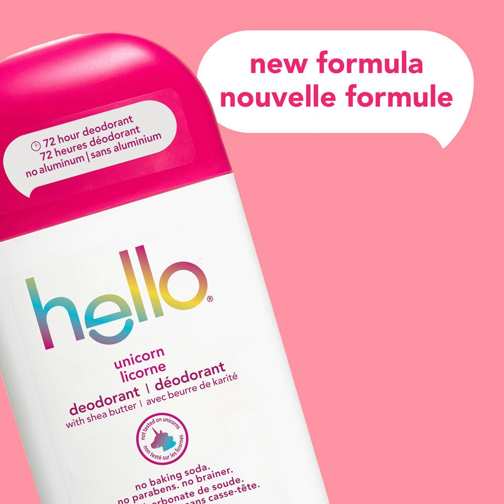 hello unicorn aluminum free deodorant for Women and Men featuring new packaging and long-lasting odor protection.