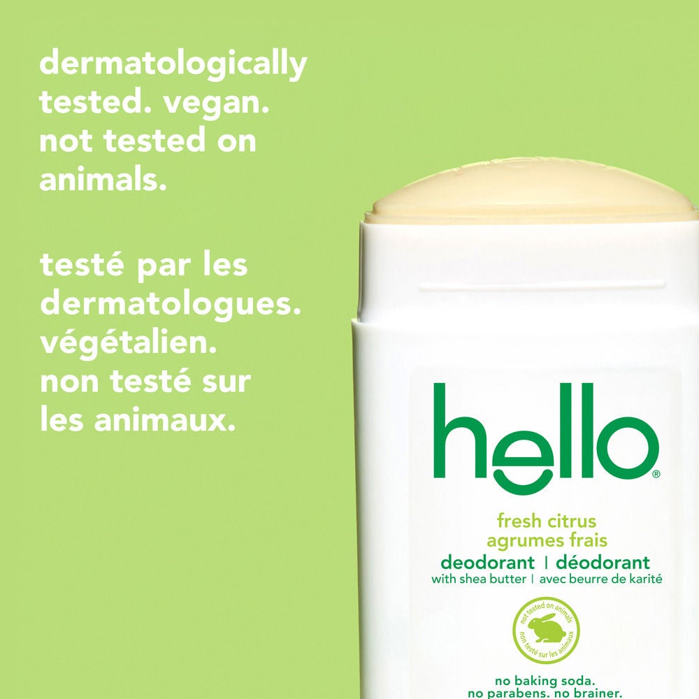 Déodorant sans aluminium hello agrumes frais pour femme et homme avec bâton crémeux exposé, testé par les dermatologues et végétalien.