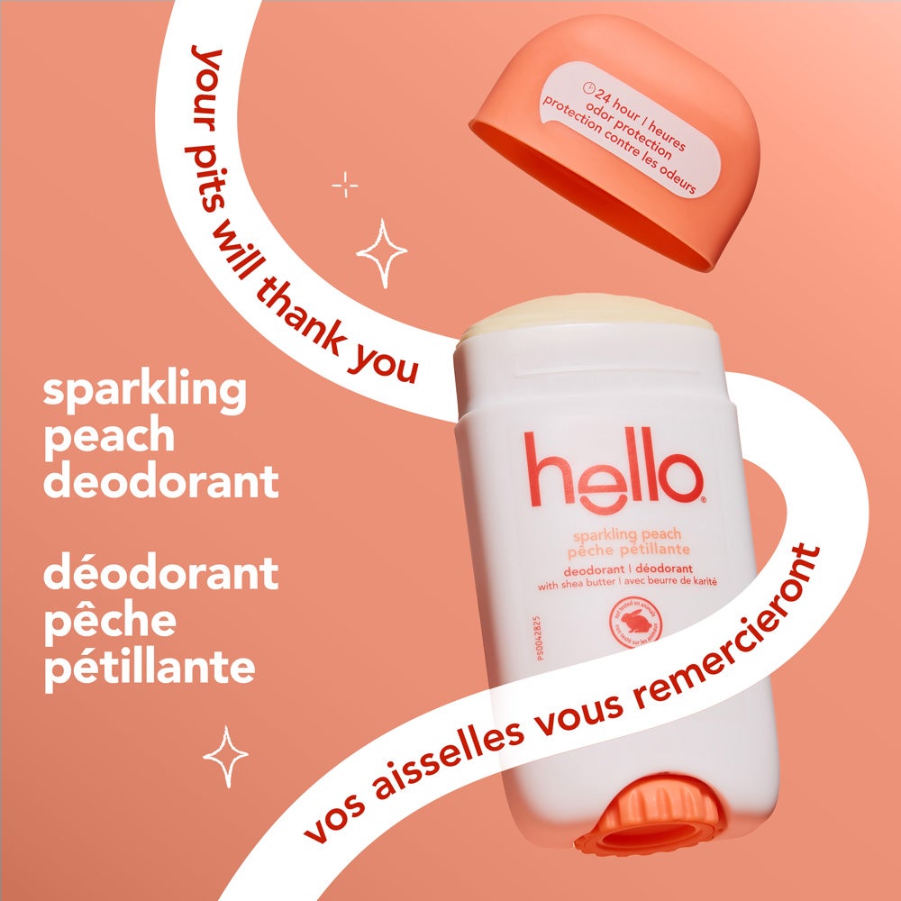 A stick of hello sparkling peach deodorant with its orange cap off, set on a peach background. The text reads "your pits will thank you" and "sparkling peach deodorant." Decorative sparkles appear next to the text.