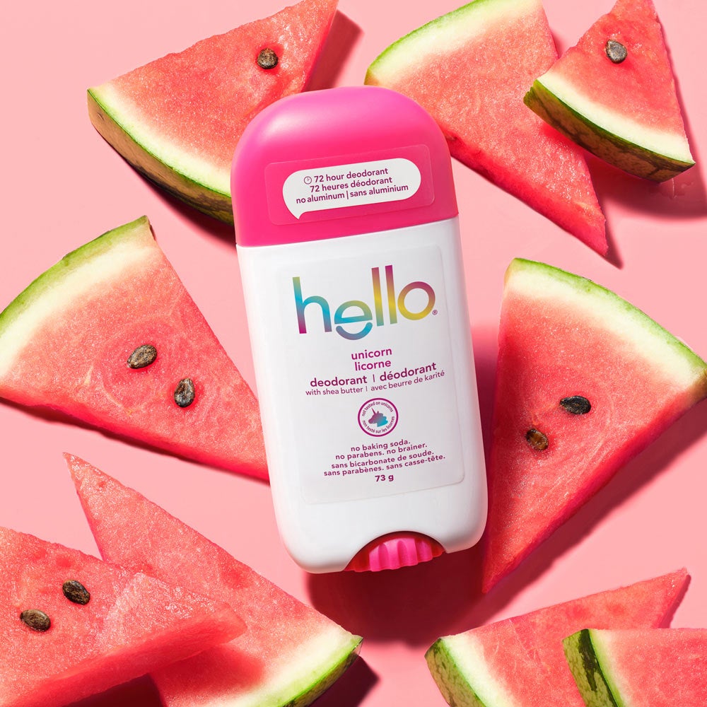 hello unicorn aluminum free deodorant for Women and Men surrounded by watermelon slices, the scent inspiration.