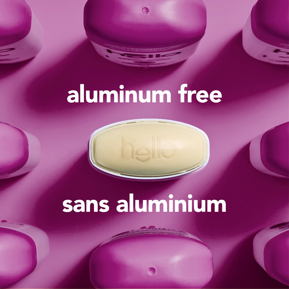 hello Wild Berry Aluminum Free Deodorant for Women and Men highlighting a simple formula made without aluminum, parabens, phthalates, dyes, or baking soda.