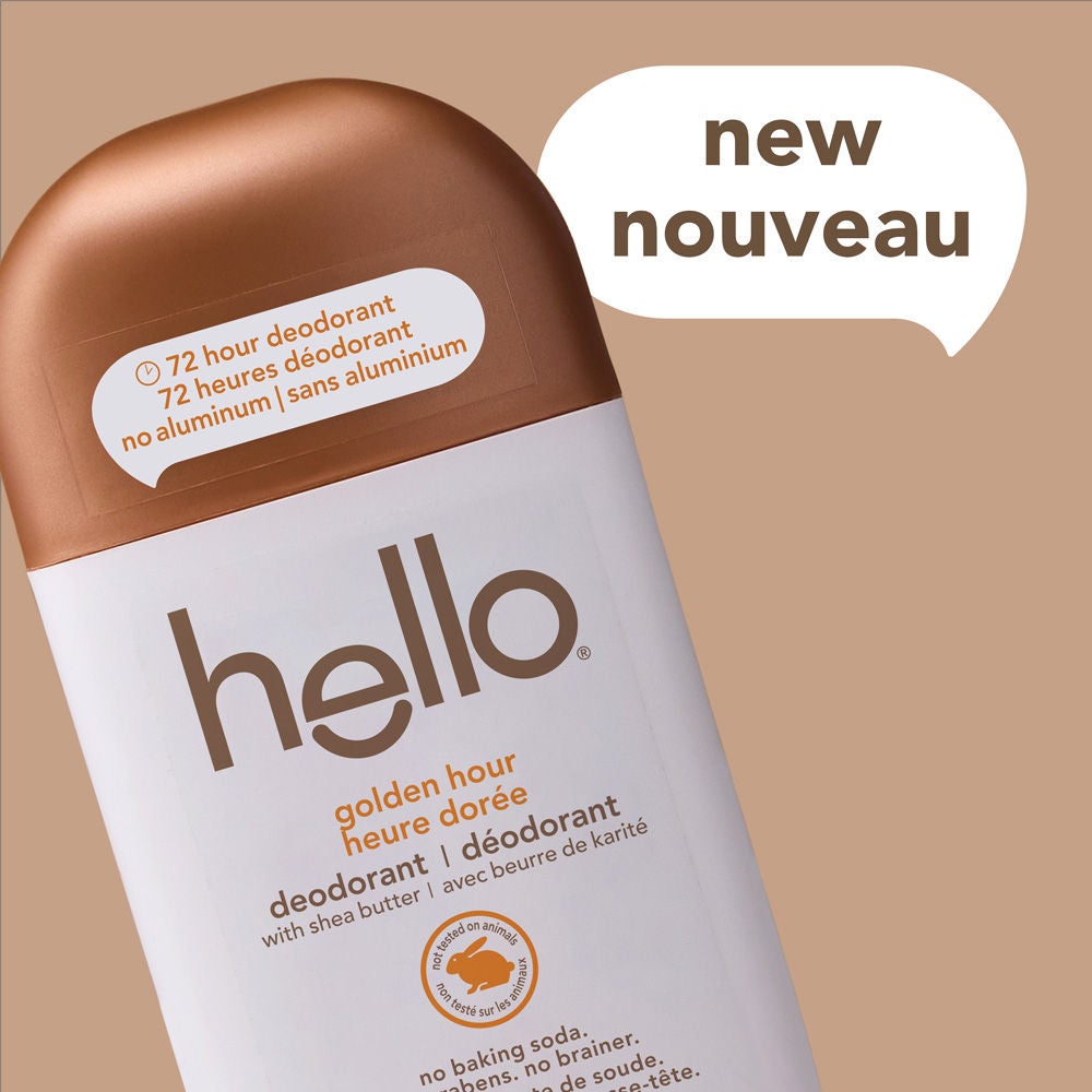 hello golden hour aluminum free deodorant for Women and Men featuring new packaging and long-lasting odor protection.