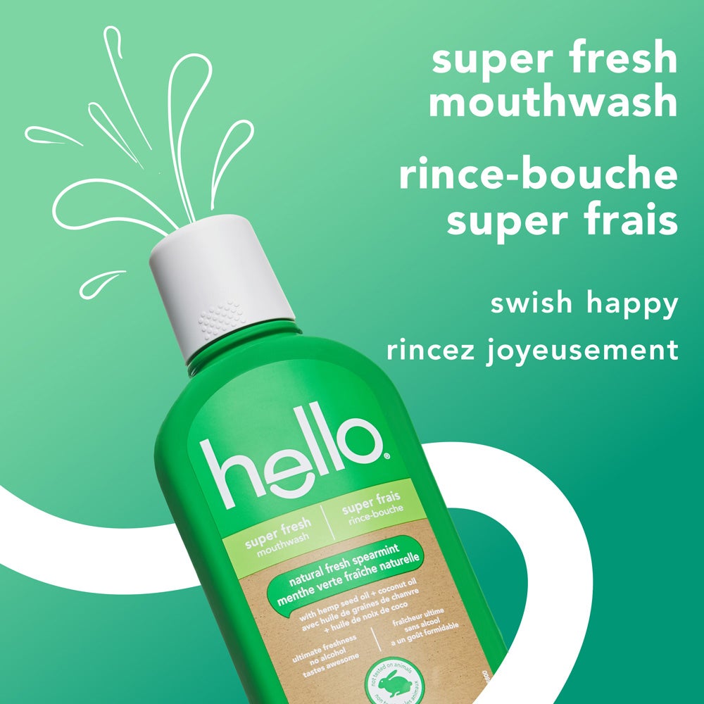 A bottle of Hello super fresh  mouthwash. It includes the phrases like super fresh mouthwash  and swish happy.