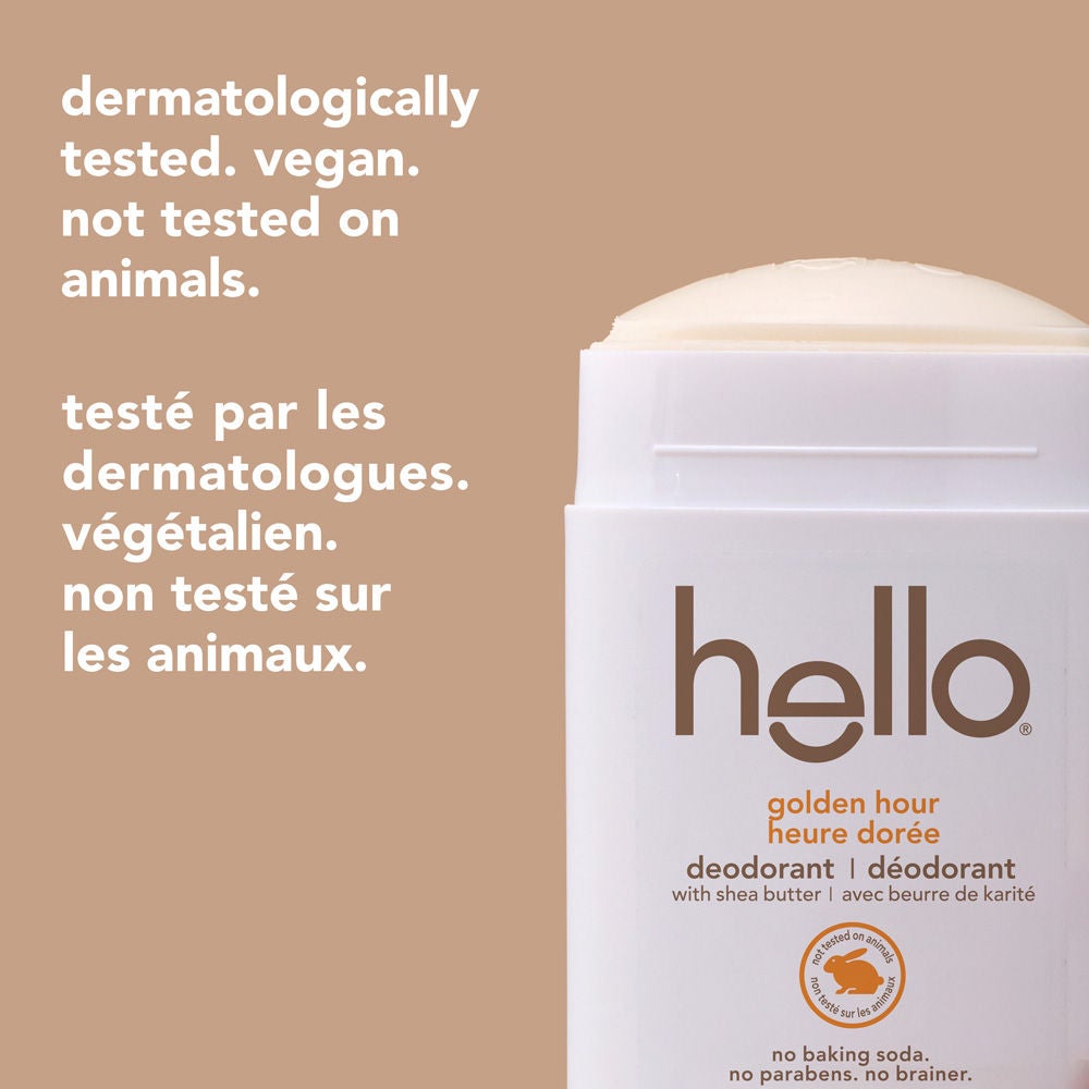 hello golden hour aluminum free deodorant for Women and Men with smooth stick exposed, dermatologically tested and vegan.