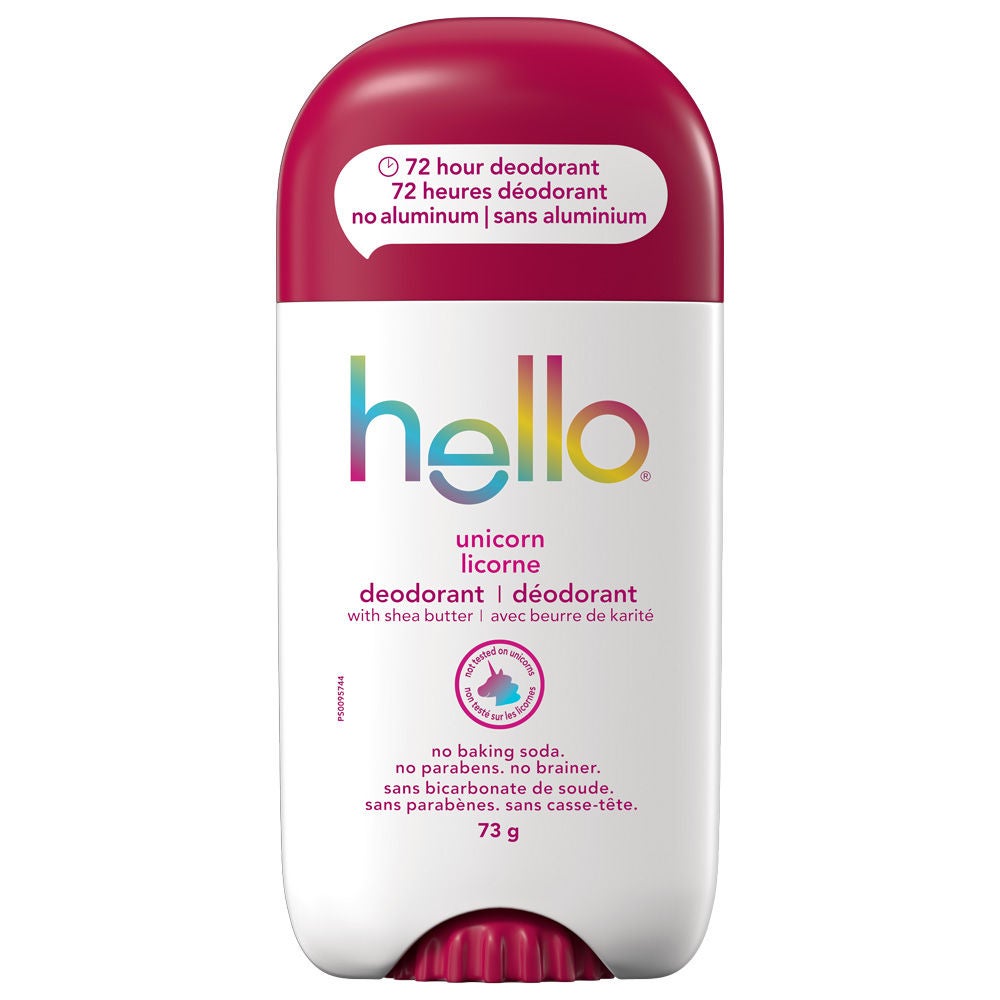 hello unicorn aluminum free deodorant for Women and Men in playful new packaging with 72-hour freshness.