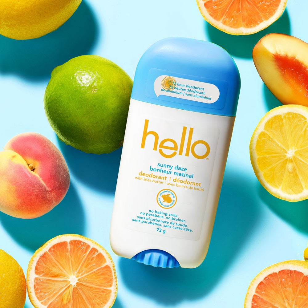 Déodorant sans aluminium hello bonheur matinal pour femme et homme entouré d’inspiration parfumée lumineuse.