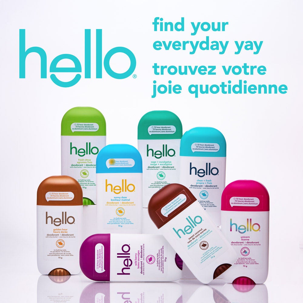 hello Wild Berry Aluminum Free Deodorant for Women and Men standing proudly with the full hello deodorant family.