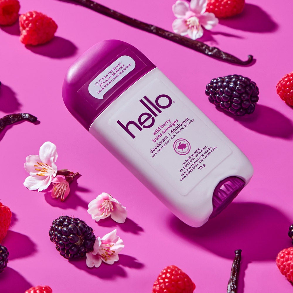 hello Wild Berry Aluminum Free Deodorant for Women and Men inspired by juicy wild berries and made for 72-hour freshness.