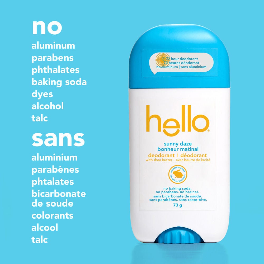 Déodorant sans aluminium hello bonheur matinal pour femme et homme dont la formule est sans aluminium, sans parabènes, sans phtalates, sans colorants et sans bicarbonate de soude.