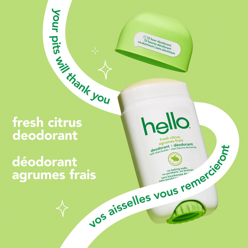 Déodorant sans aluminium hello agrumes frais pour femme et homme sans capuchon aux notes d’agrumes éclatantes.