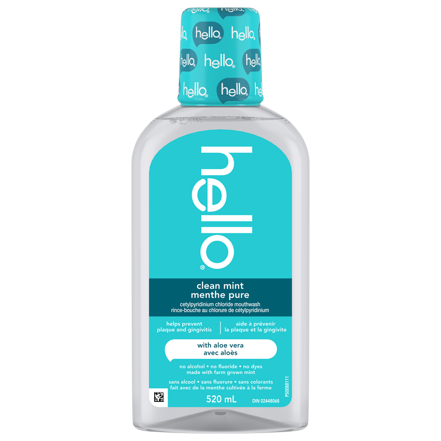 Front view of the hello Clean Mint Alcohol Free Mouthwash bottle showing clear liquid and a teal blue label.